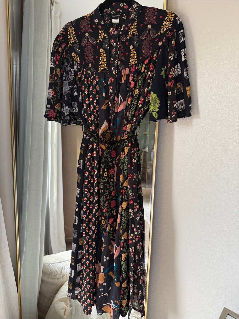 NWT Young Threads Floral Multi Print Short Sleeve Band Collar Shirt Dress Boho